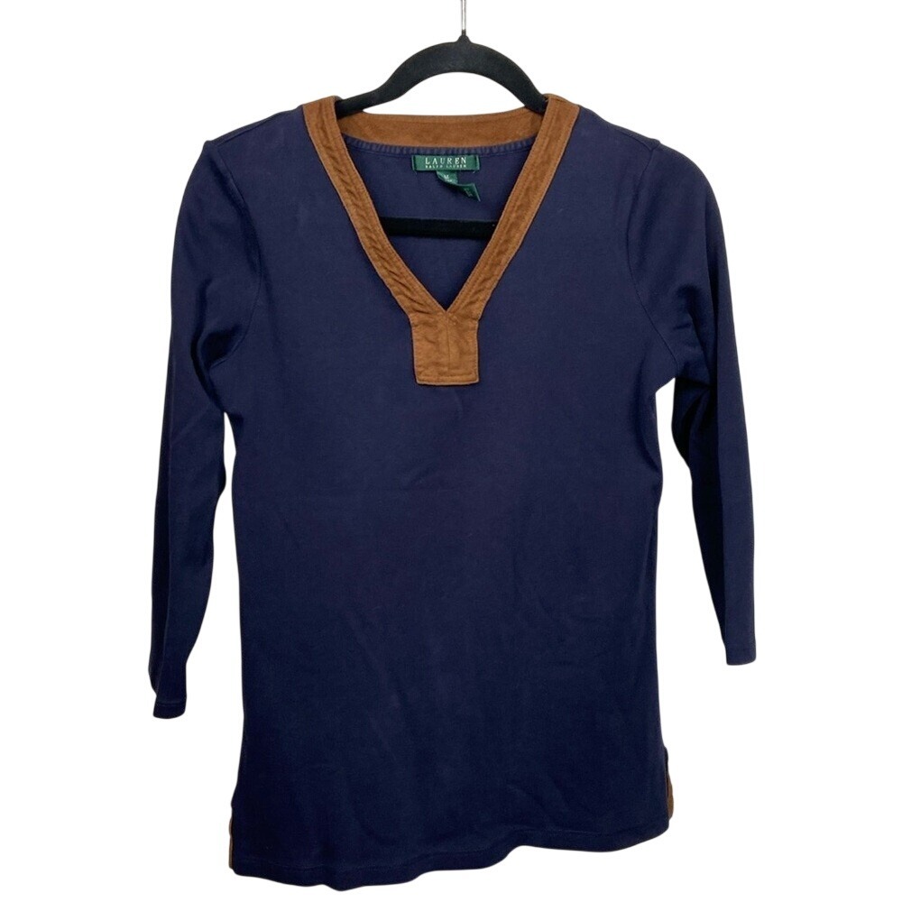 Lauren Ralph Lauren Navy Blue V-Neck Top with Brown Suede Trim Size M Old Money